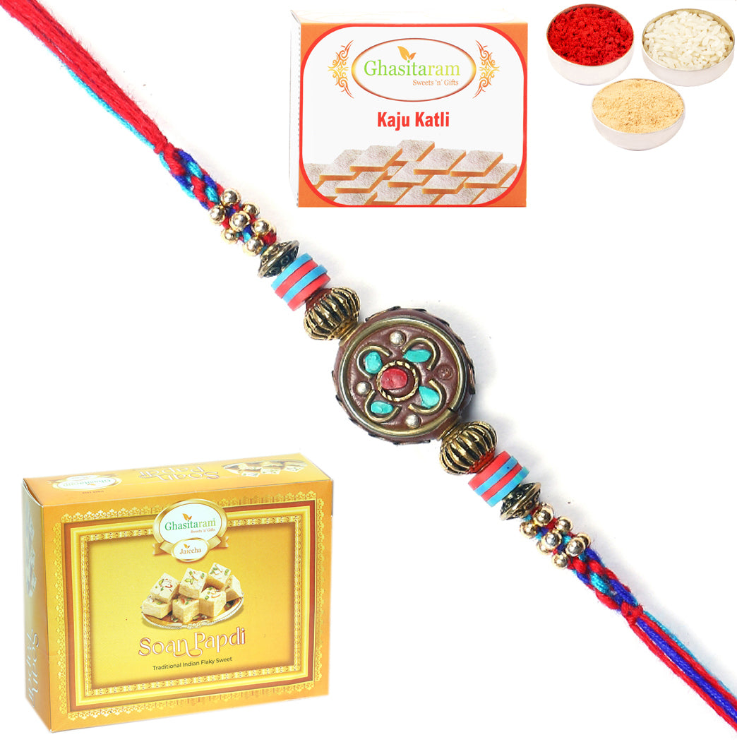 Rakhi for Brother Rakhis Online - L-5 Premium Rakhi with 200 gms of Kaju katli and 200 gms of Soan Papdi 