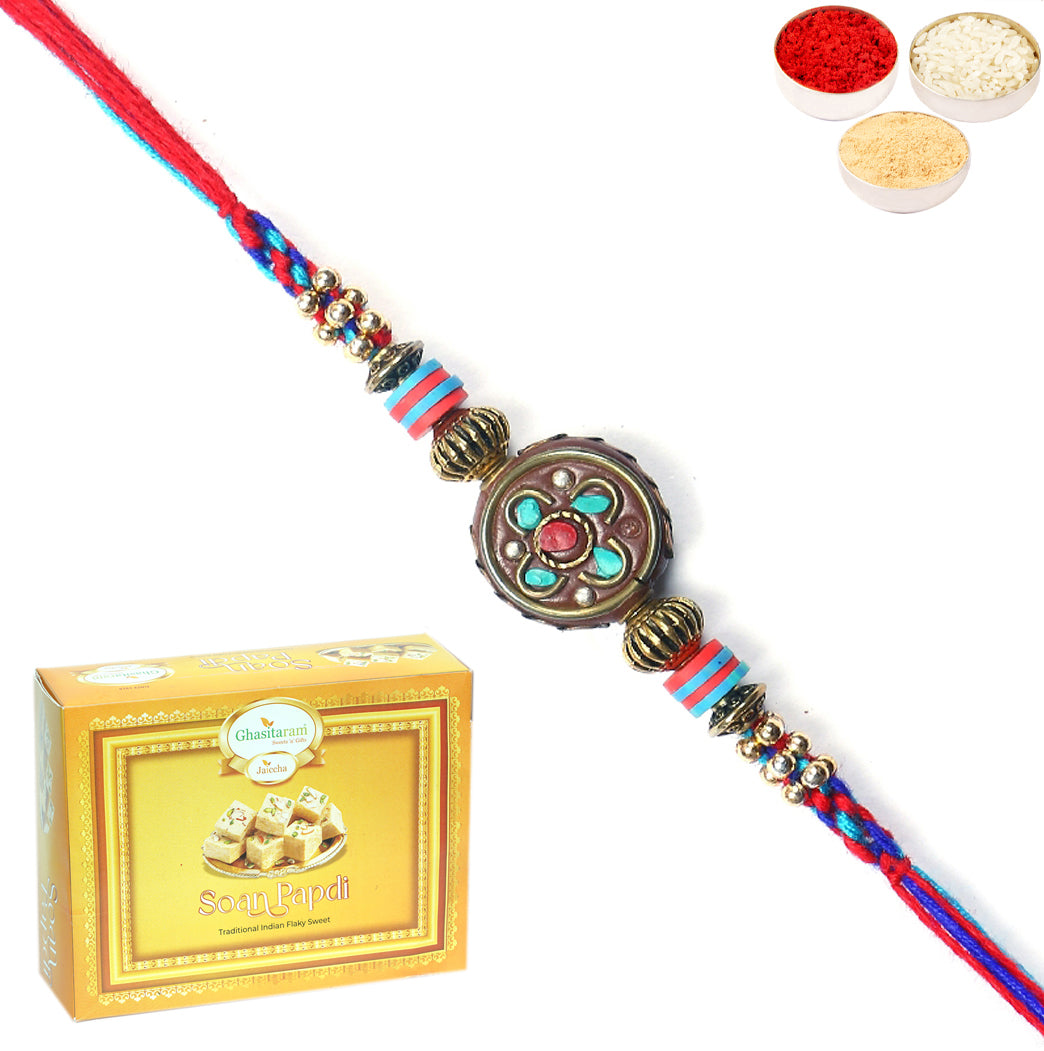 Rakhi for Brother Rakhis Online - L-5 Premium Rakhi with 400 gms of Soan Papdi 