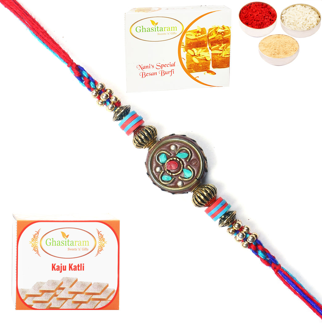 Rakhi for Brother Rakhis Online - L-5 Premium Rakhi with 200 gms of Besan Barfi and 200 gms of Kaju Katli