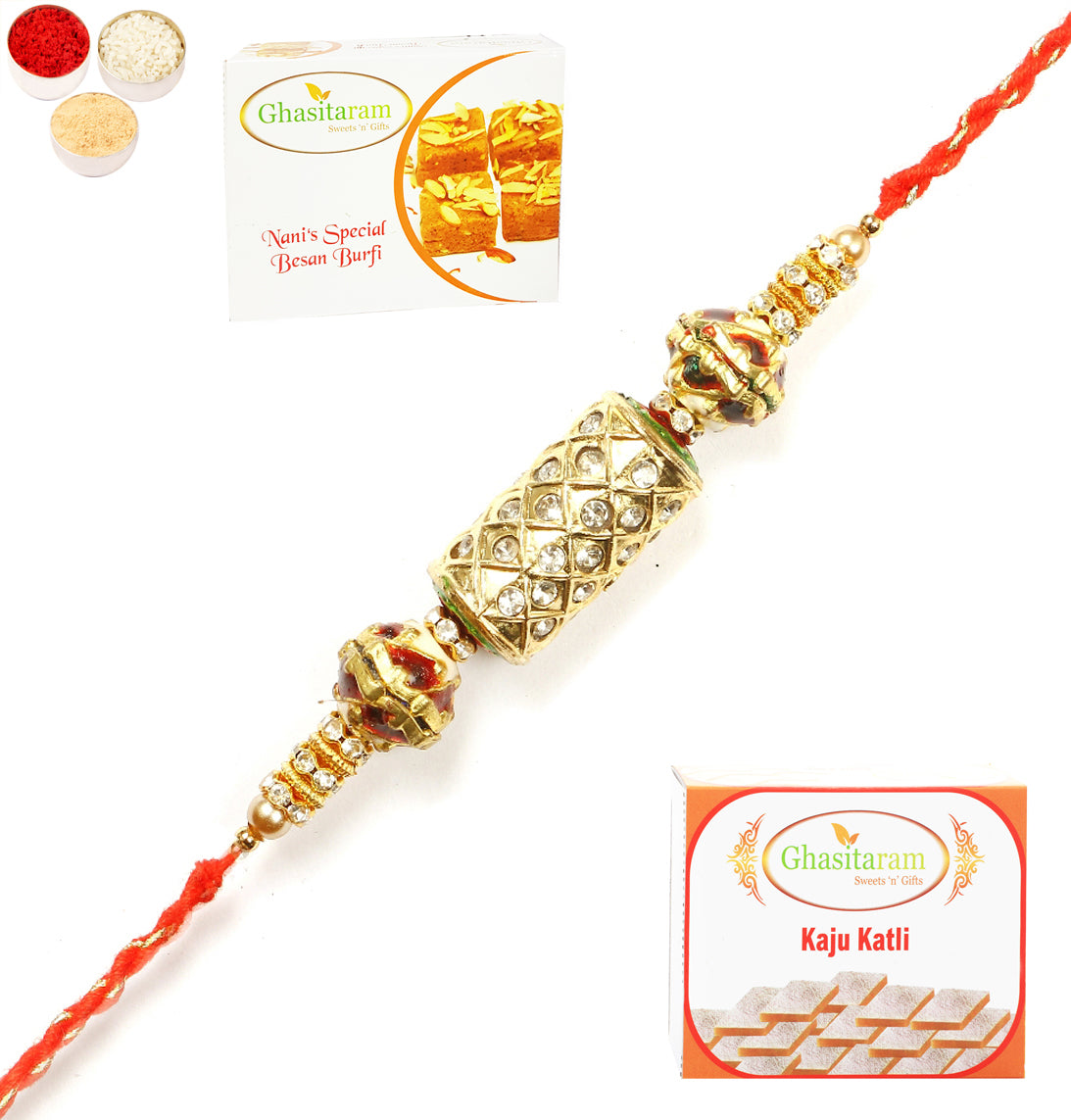 Rakhi for Brother Rakhis Online-RM-579 PremiumRakhi with 200 gms of Besan Barfi and 200 gms of Kaju Katli
