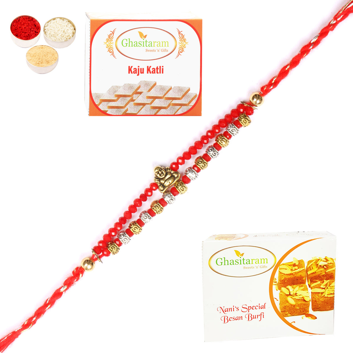 Rakhi for Brother Rakhis Online - RM-668 Premium Rakhi with 200 gms of Besan Barfi and 200 gms of Kaju Katli