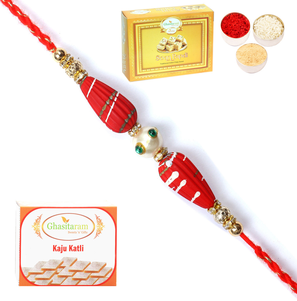 Rakhi for Brother Rakhis Online - RM- 711 Premium Rakhi with 200 gms of Kaju katli and 200 gms of Soan Papdi 