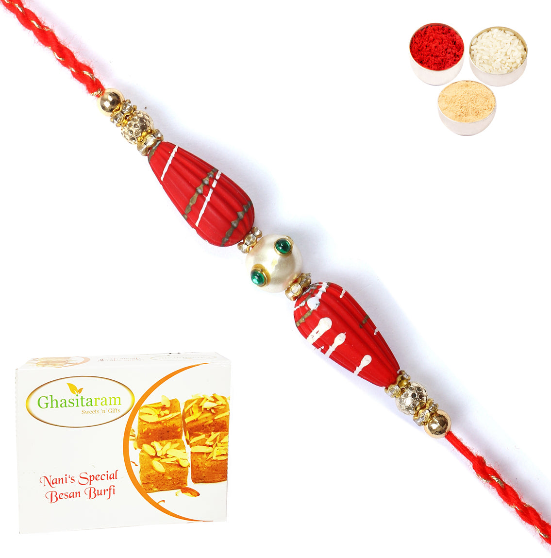 Rakhi for Brother Rakhis Online - RM- 711 Premium Rakhi with 400 gms of Besan Barfi