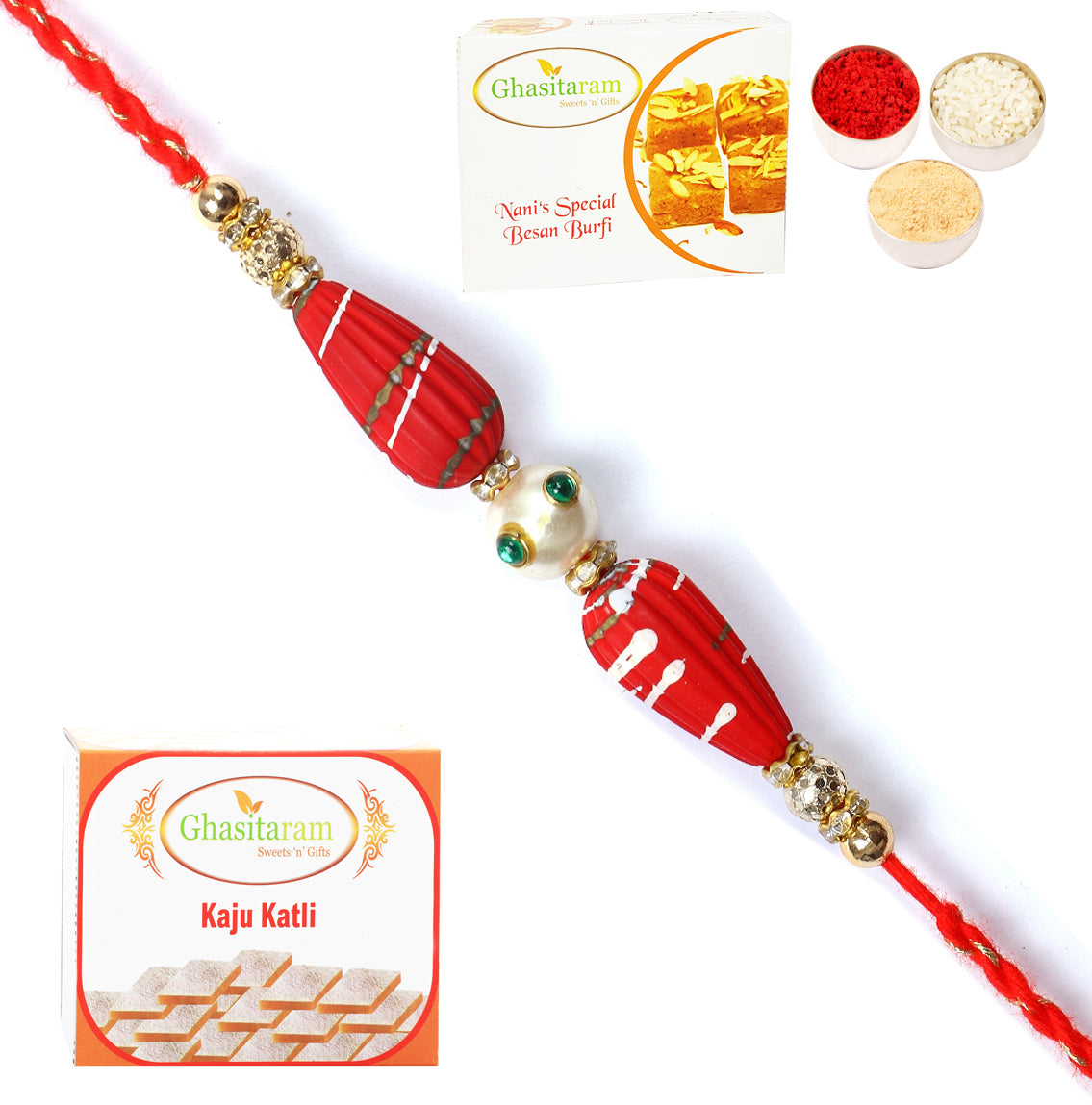 Rakhi for Brother Rakhis Online - RM- 711 Premium Rakhi with 200 gms of Besan Barfi and 200 gms of Kaju Katli