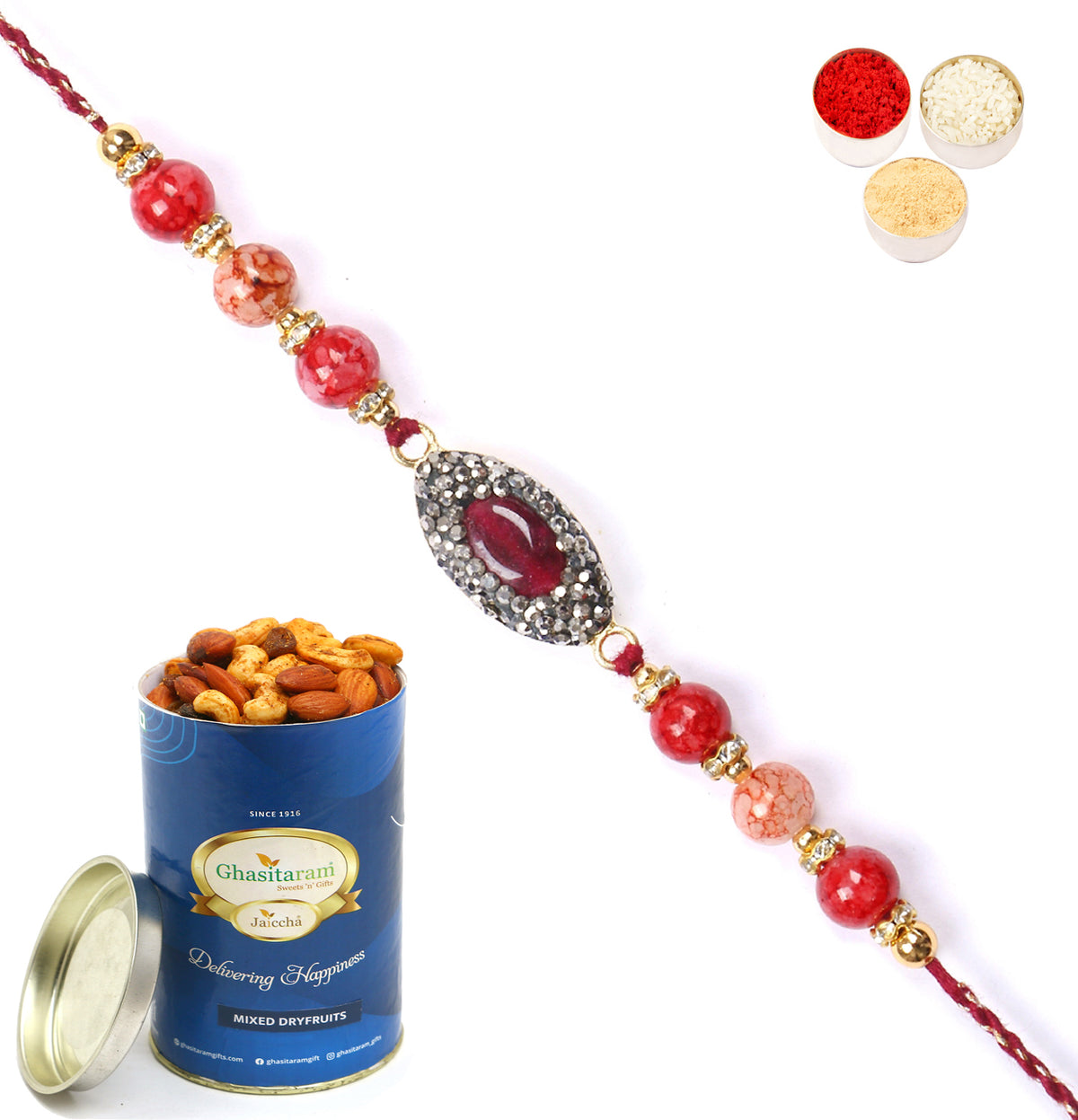 Rakhi for Brother Rakhis Online - RM-715 Premium Rakhi with 100 gms of Dryfruits Mix Can