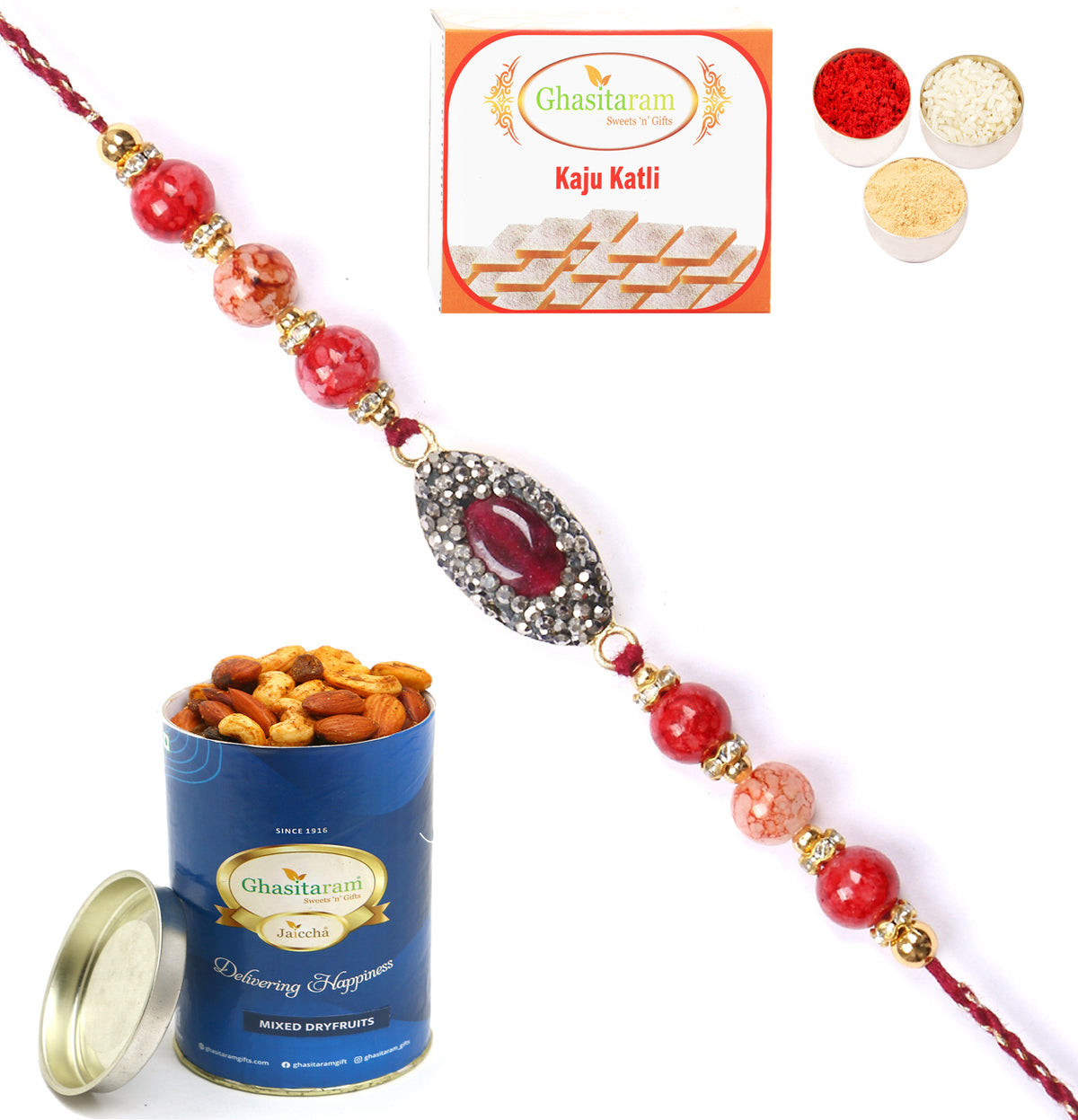 Rakhi for Brother Rakhis Online - RM-715 Premium Rakhi with 100 gms of Dryfruits Mix Can 200 gms of Kaju katli