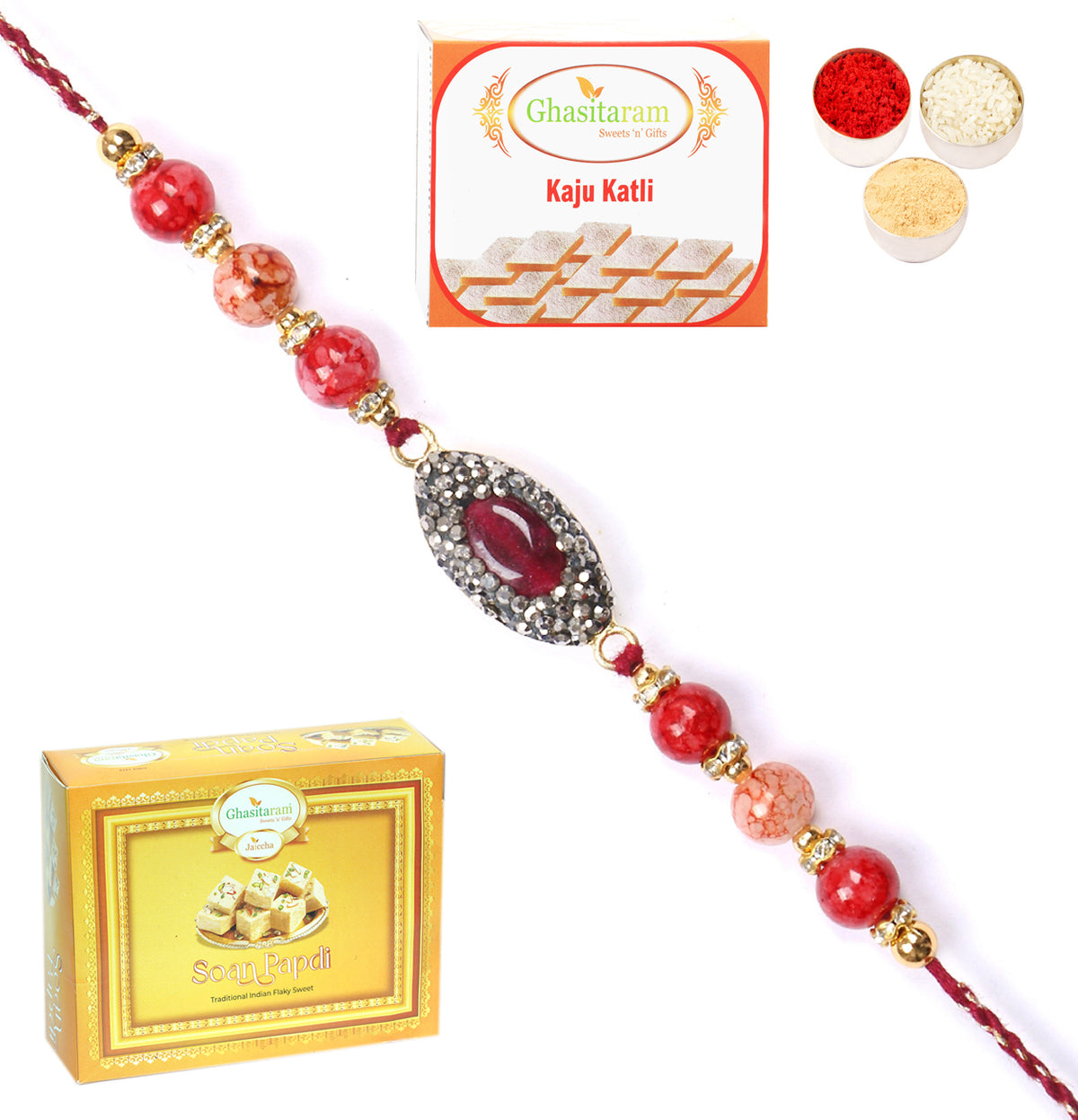 Rakhi for Brother Rakhis Online - RM-715 Premium Rakhi with 200 gms of Kaju katli and 200 gms of Soan Papdi 