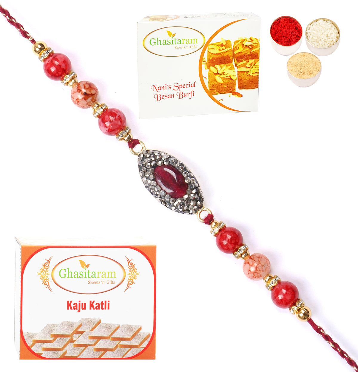 Rakhi for Brother Rakhis Online - RM-715 Premium Rakhi with 200 gms of Besan Barfi and 200 gms of Kaju Katli