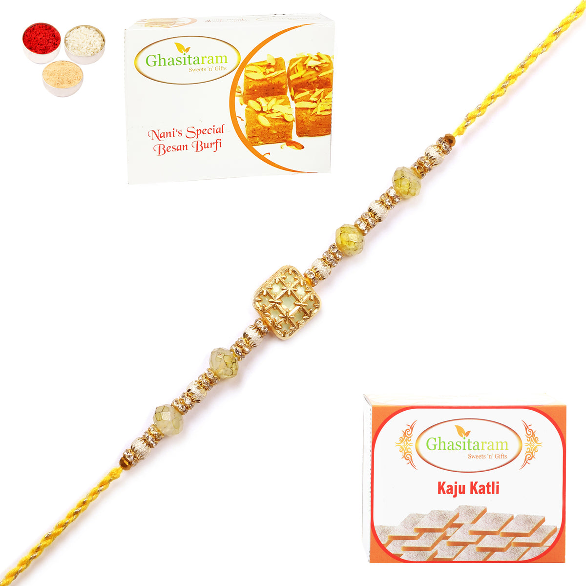 Rakhi for Brother Rakhis Online - RM-759 Premium Rakhi with 200 gms of Besan Barfi and 200 gms of Kaju Katli