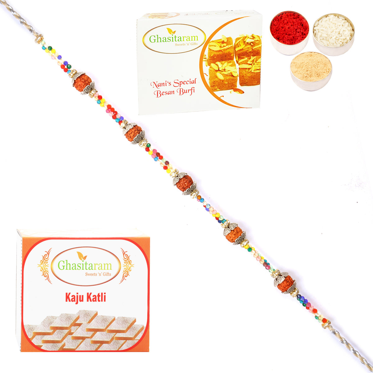 Rakhi for Brother Rakhis Online - RM-766 Premium Rakhi with 200 gms of Besan Barfi and 200 gms of Kaju Katli