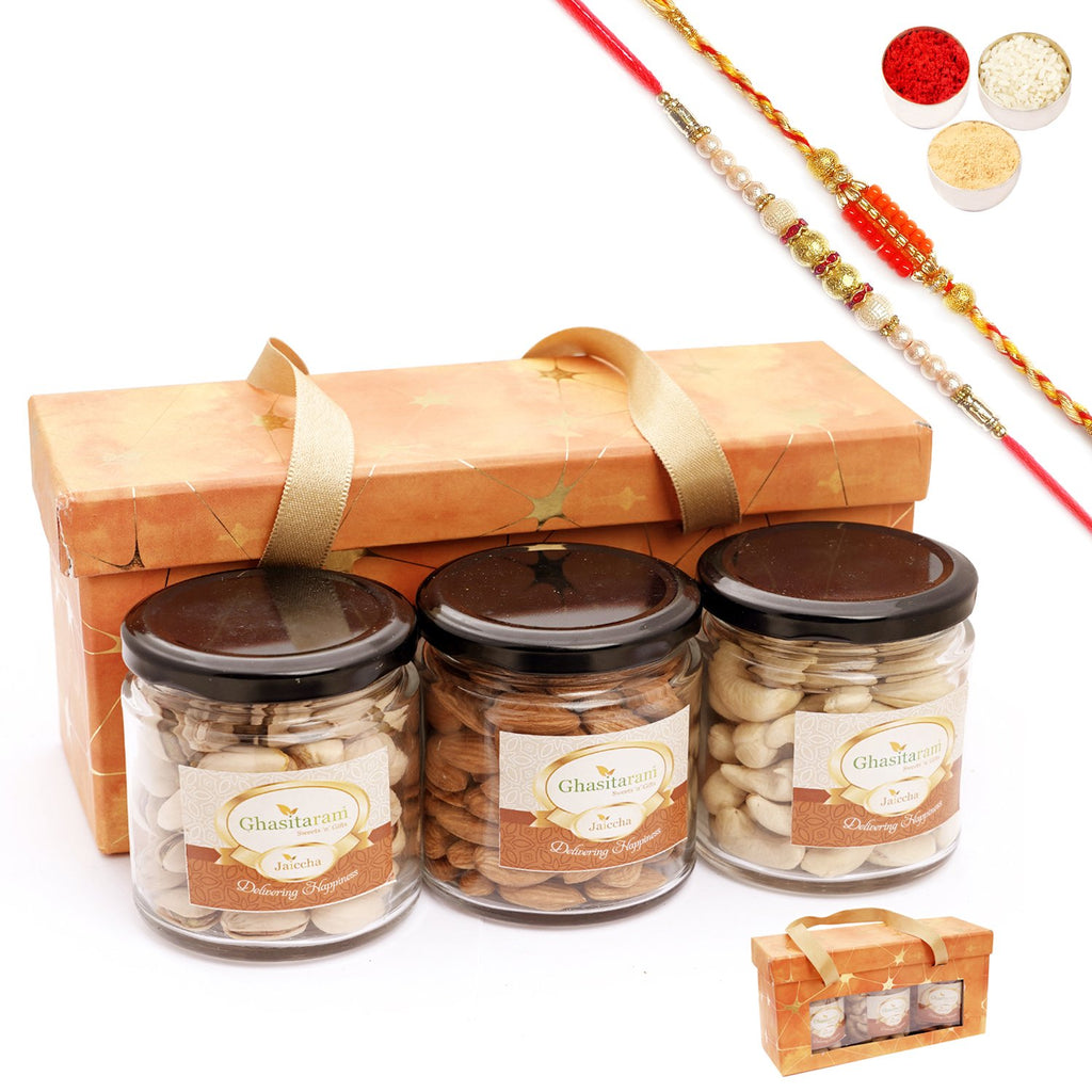 Rakhi Gifts-3 jars Orange Box with dryfruits with 2 Rakhis