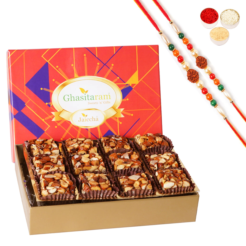 Rakhi Sweets-Sugarfree Almond Delight in Premium Box 12 pcs with 2 Rudraksh rakhis