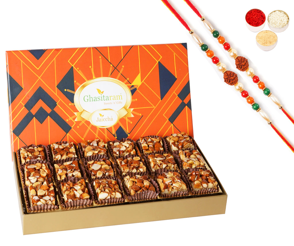 Rakhi Sweets-Sugarfree Almond Delight in Designer Box 18 pcs with 2 Rudraksh rakhis