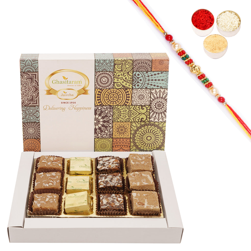 Rakhi Gifts-Ghasitaram Special Barfis Box 12 pcs with Pearl Beads Rakhi