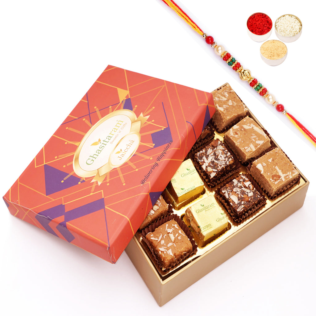 Rakhi Gifts-Ghasitaram Special Barfis Box 12 pcs in a Premium Box with Pearl Beads Rakhi