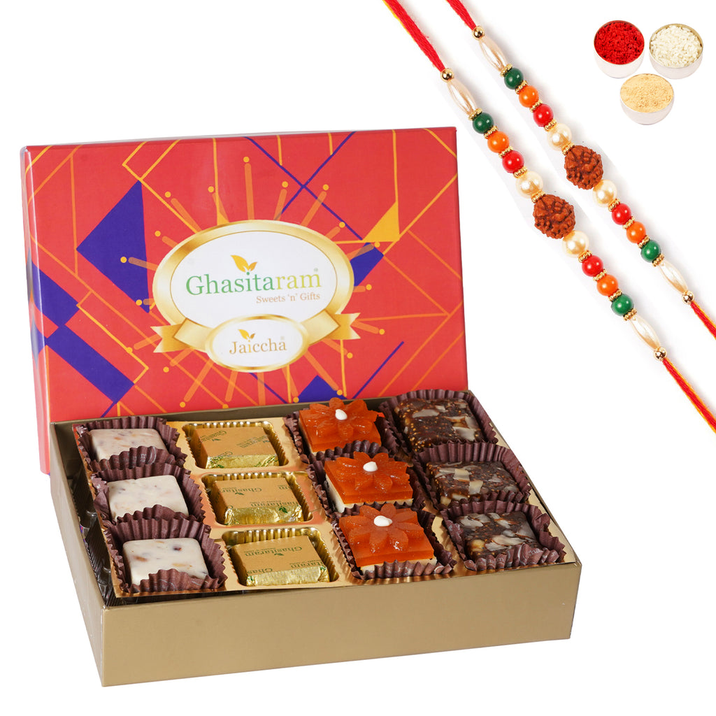 Rakhi Sweets-Assorted Bites in Premium Box 12pcs with 2 Rudraksh rakhis