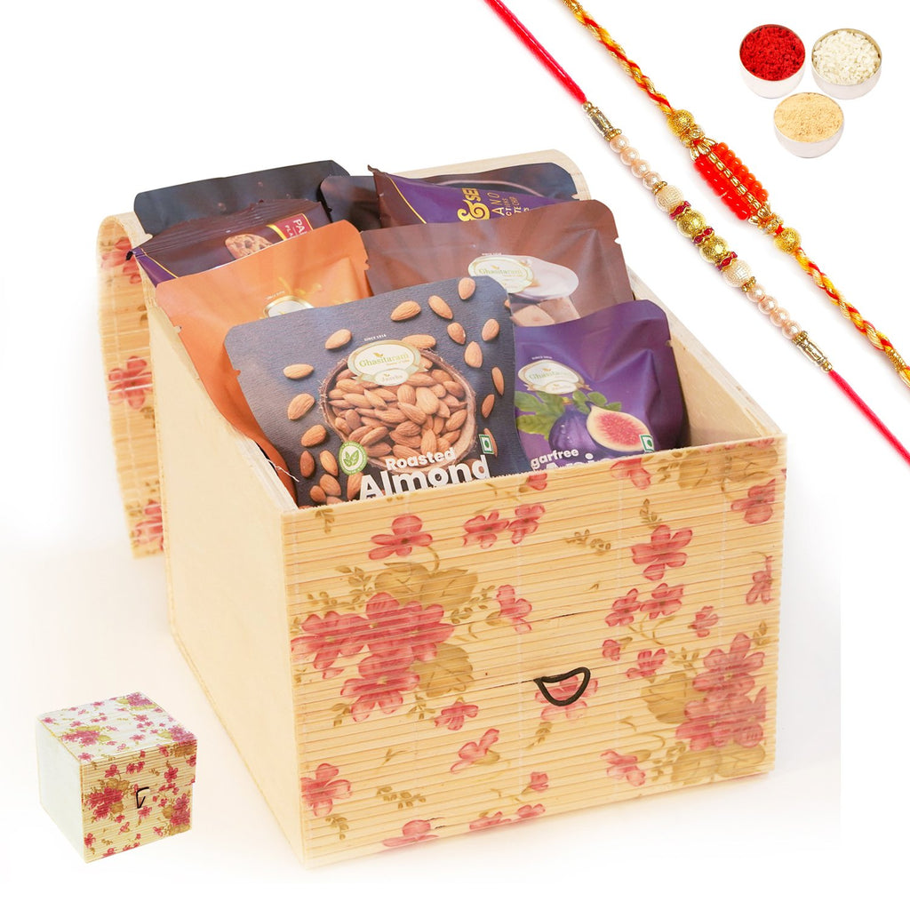 Rakhi Gifts-Bamboo Box Of Bites and Cookies with 2 Rakhis