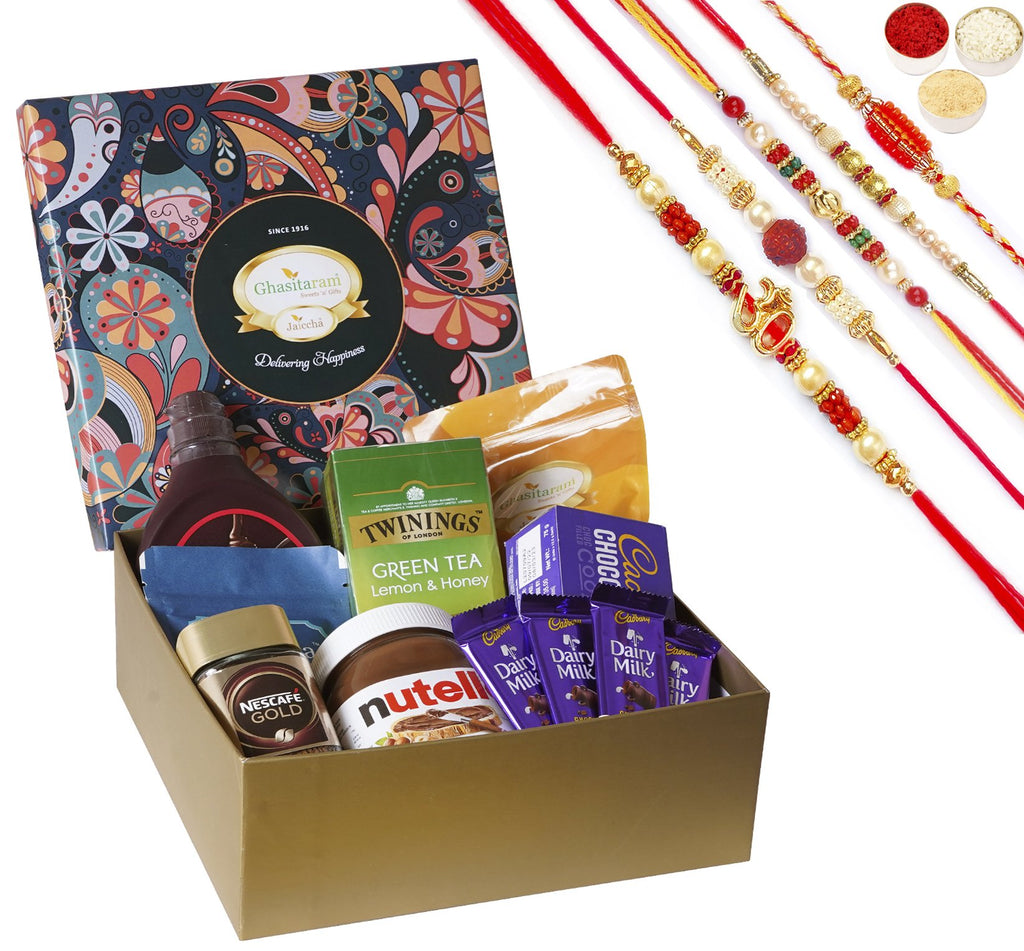 Rakhi Gifts-Ghasitaram Big Hamper box of 12 Goodies  with 5 Rakhi