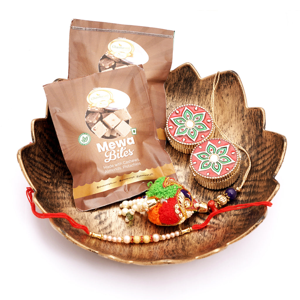 Rakhi Gifts-Brown Flower Platter with bhaiya bhabhi rakhi set