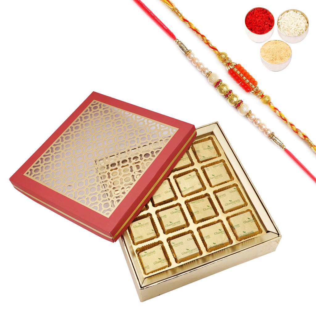 Rakhi Gifts-Carving Box of with 16 pcs Mewa bites and 2 Rakhis