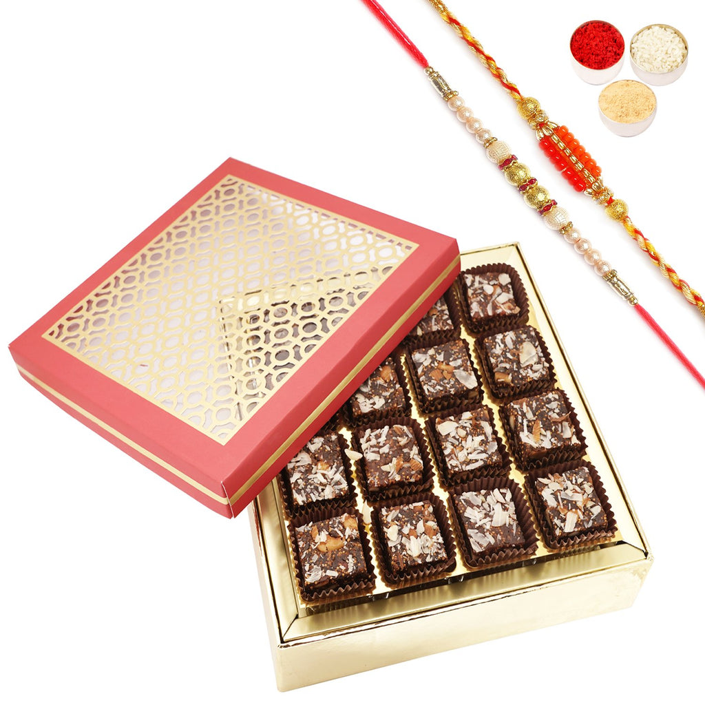 Rakhi Gifts-Carving Box with 16 pcs sugarfree bites and 2 Rakhis