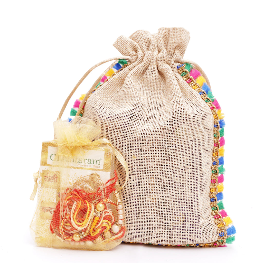 Rakhi Gifts-Colourful Jute Rakhi Pouch with Almonds with 2 Rakhis