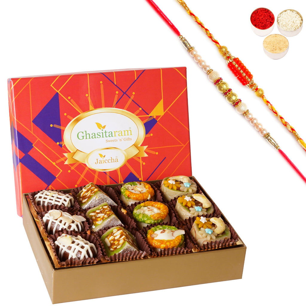 Rakhi Sweets-Exotic Dryfruit Sweets in Premium Box 12pcs with 2 Rakhi