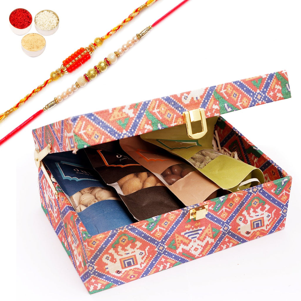 Rakhi Gifts-Fabric Trunk box with assorted dryfruits with 2 Rakhis