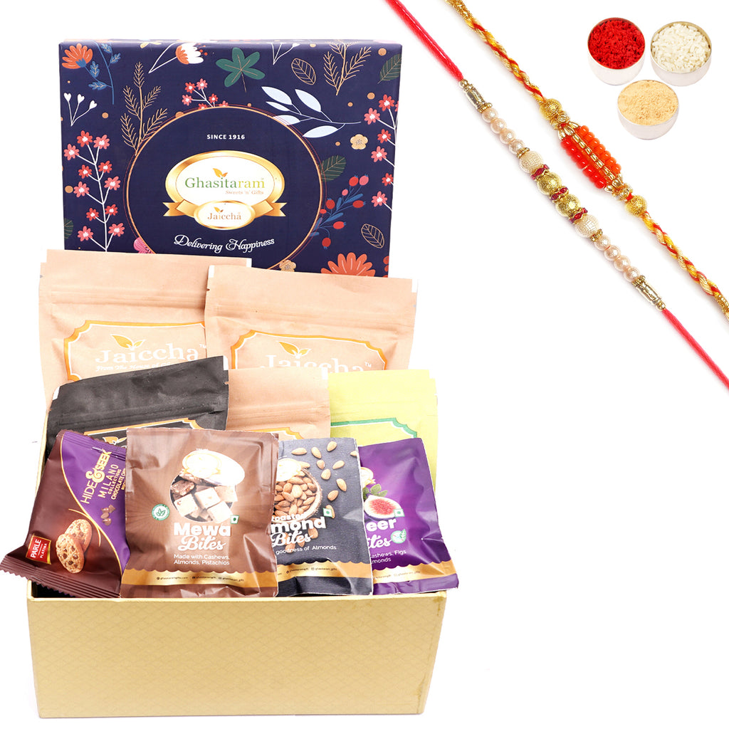 Rakhi Gifts-Ghasitaram Hamper Box of 13 Goodies with 2 Rakhis