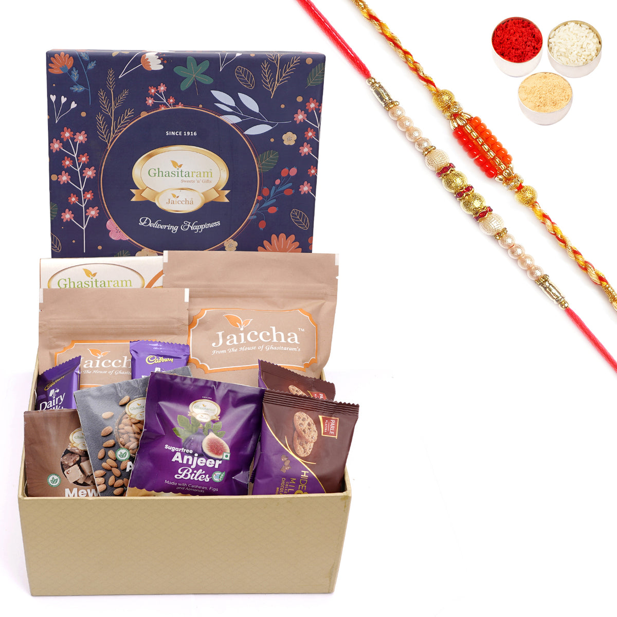 Rakhi Gifts-Ghasitaram Hamper Box with Sweets with besan barfi with 2 Rakhis