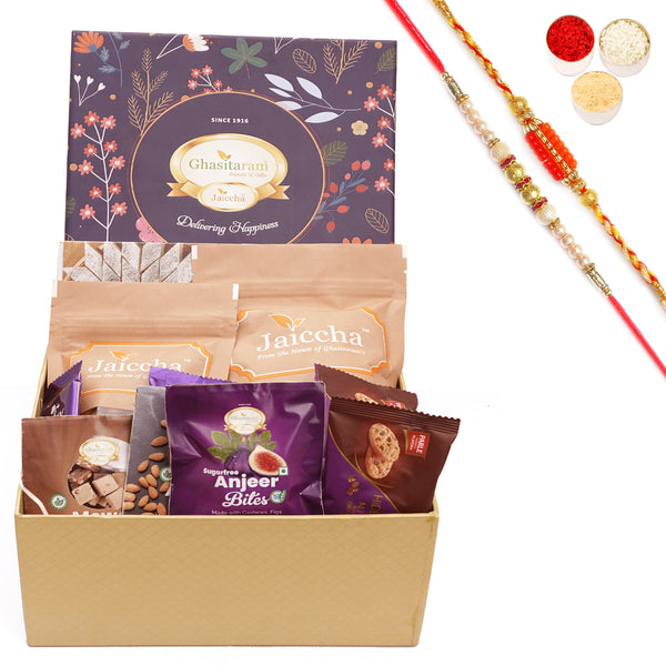 Rakhi Gifts-Ghasitaram Hamper Box with Sweets With Kaju Katli with 2 Rakhis