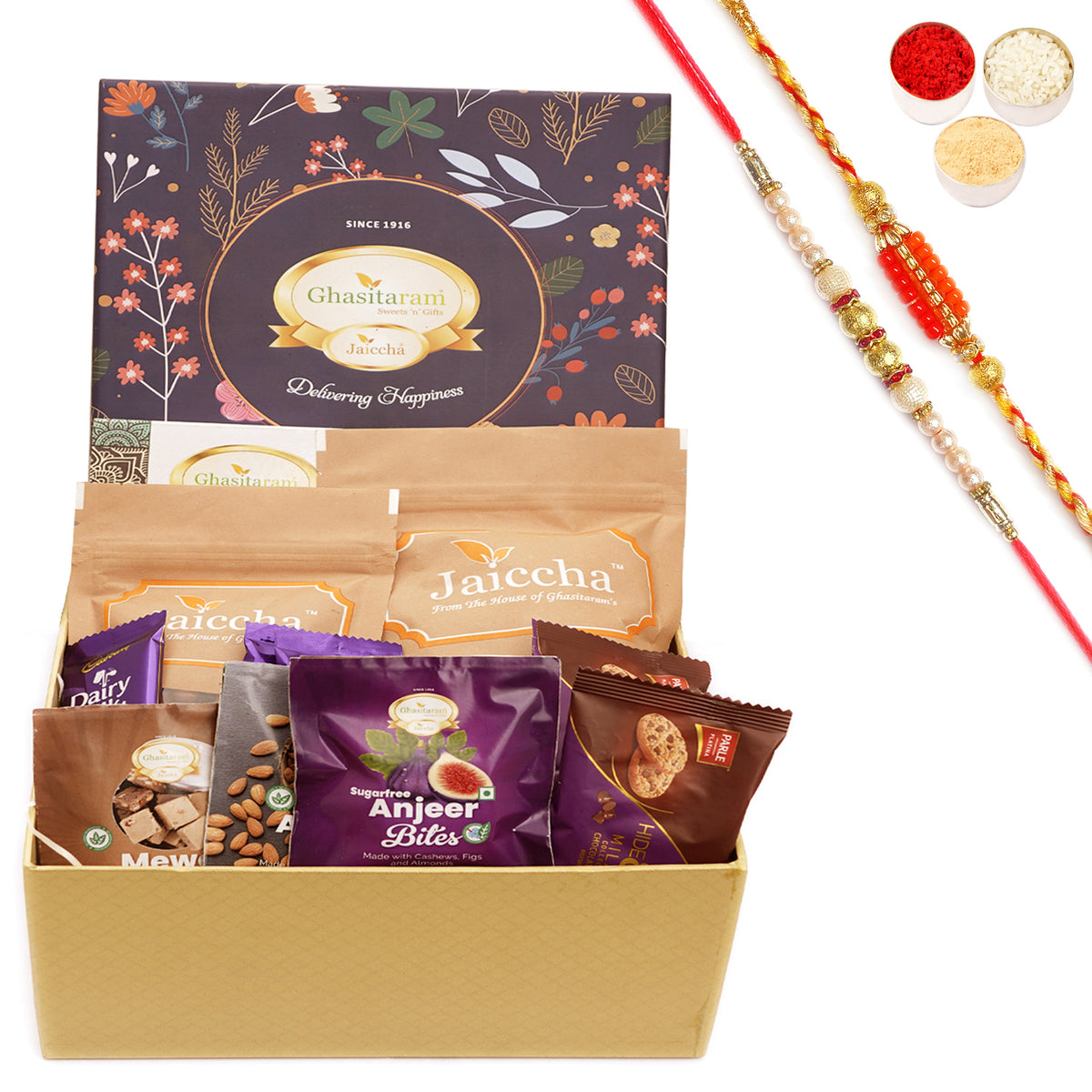 Rakhi Gifts-Ghasitaram Hamper Box with Sweets with Milk Cake with 2 Rakhis