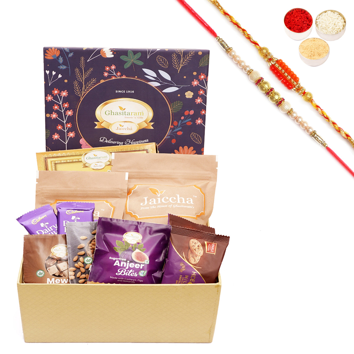 Rakhi Gifts-Ghasitaram Hamper Box with Sweets With Soan papdi with 2 Rakhis