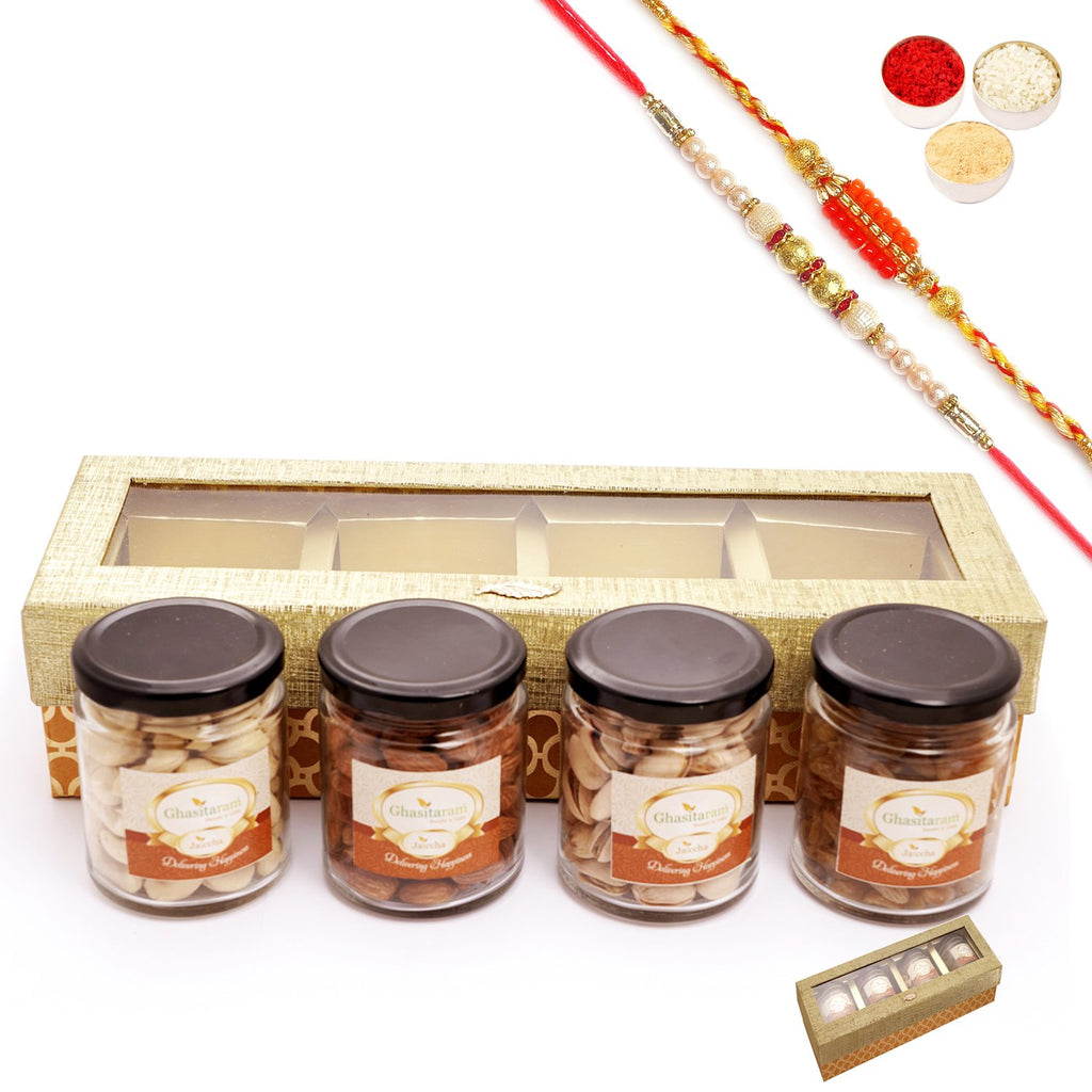 Rakhi Gifts-Golden Box of 4 Jars with dryfruits with 2 Rakhis