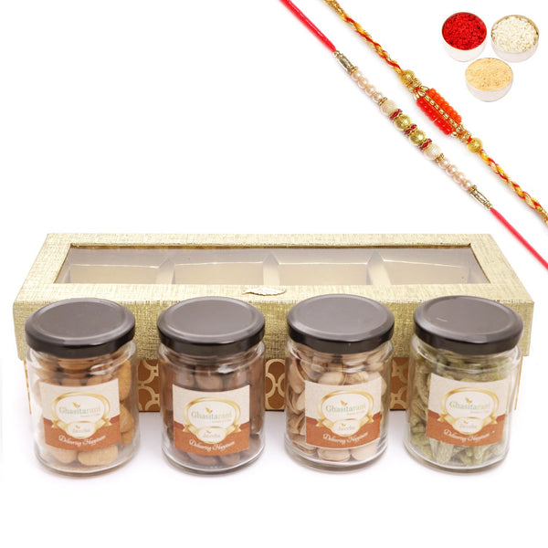 Rakhi Gifts-Golden Box of 4 Jars with assorted dryfruits with 2 Rakhis