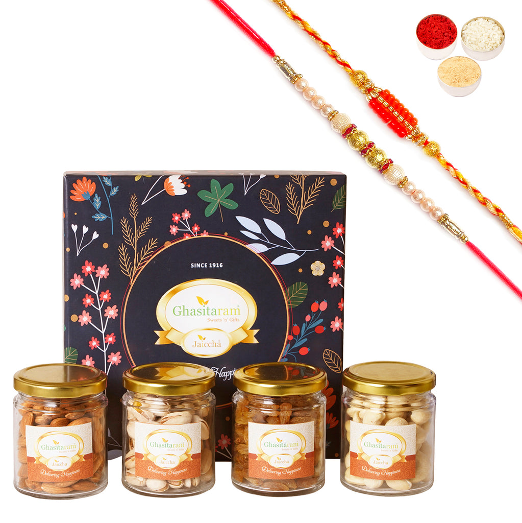 Rakhi Gifts-Ghasitaram Hamper Box with Dryfruit Jars with 2 Rakhi