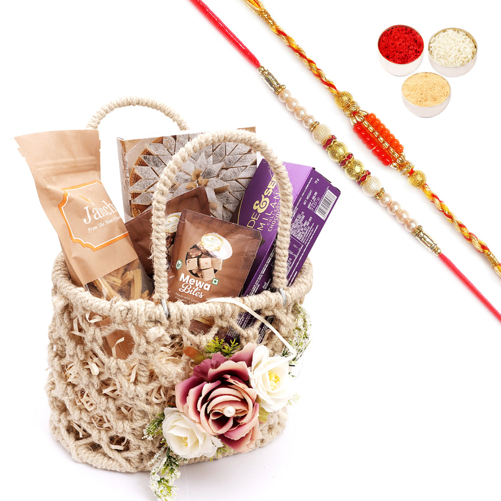 Rakhi Gifts-Jute Flower Basket with Kaju Katli with 2 Rakhis