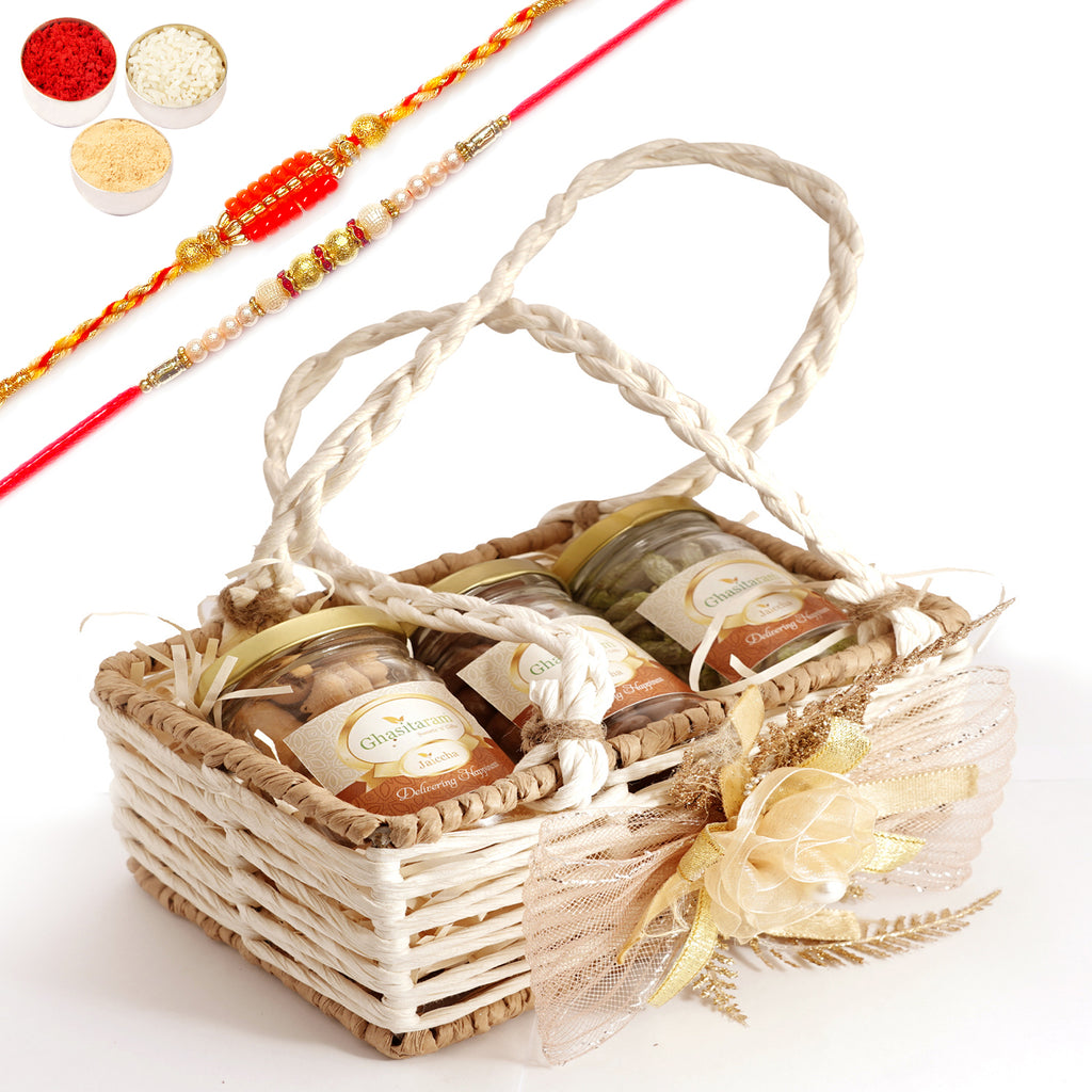 Rakhi Gifts-Jute small basket with flower 3 jars with 2 Rakhis