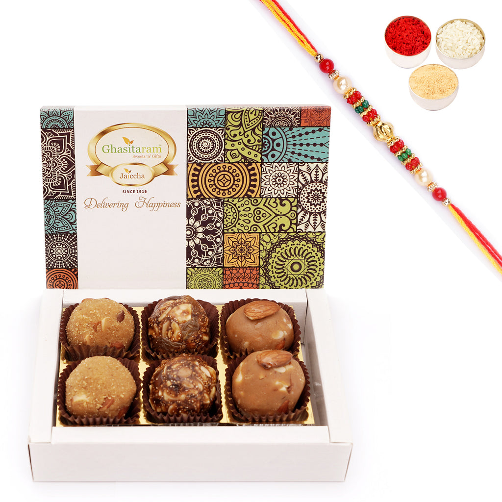 Rakhi Gifts-Assorted laddoos Box 6 Pcs with Pearl Beads Rakhi