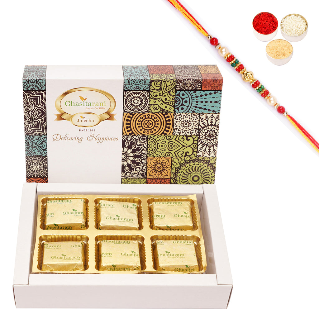 Rakhi Gifts-Mewa Bites Box 6 Pcs with Pearl Beads Rakhi
