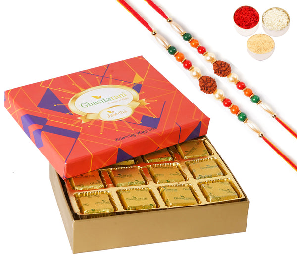 Rakhi Sweets-Mewa Bites in Premium Box 12 pcs with 2 Rudraksh rakhis