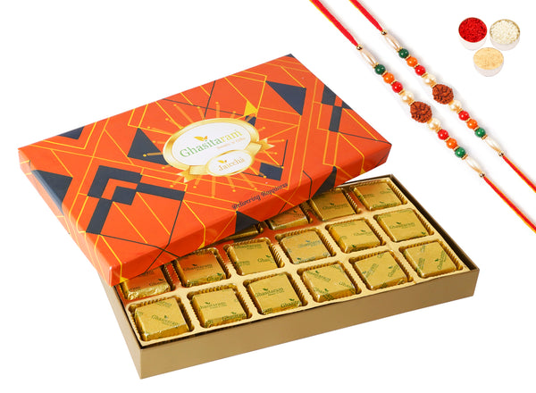 Rakhi Sweets-Mewa Bites in Designer Box 18 pcs with 2 Rudraksh rakhis