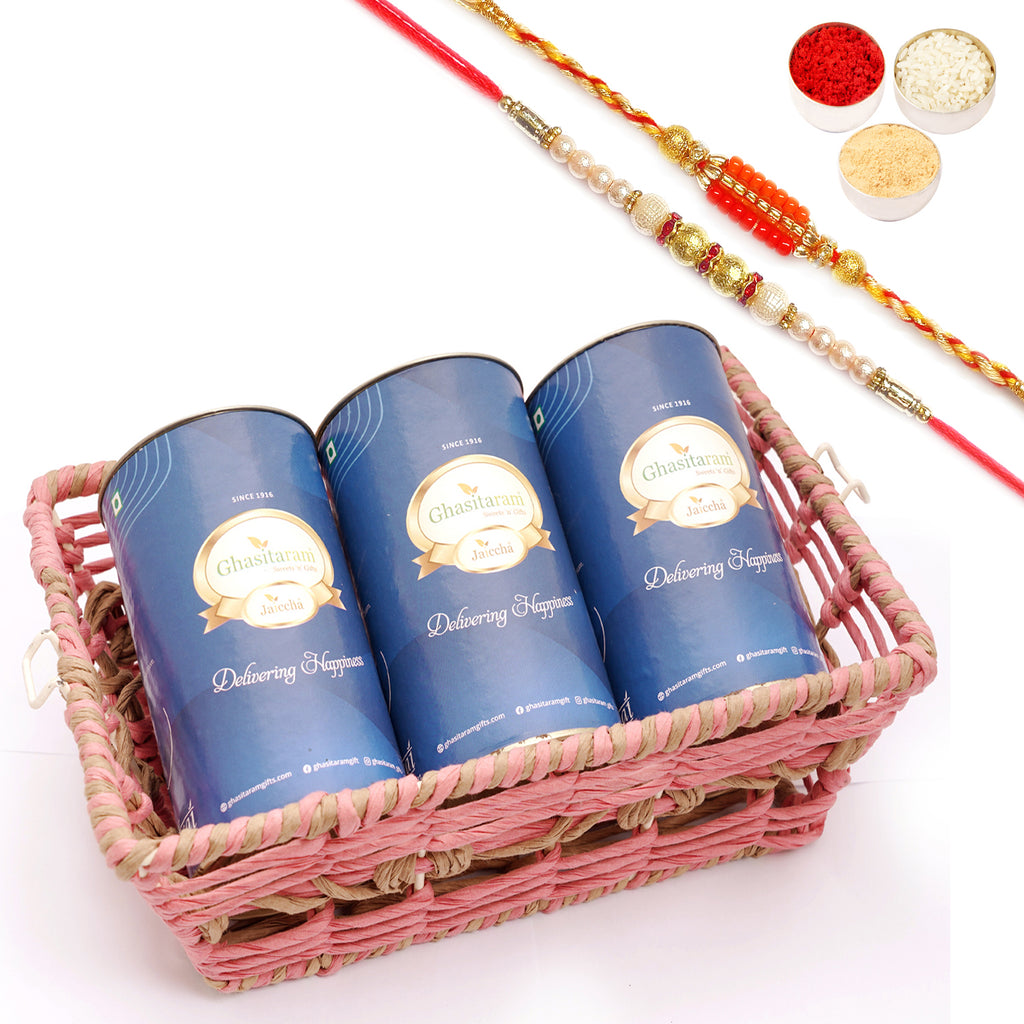 Rakhi Gifts-Pink Rectangle Jute Basket with cans with 2 Rakhis