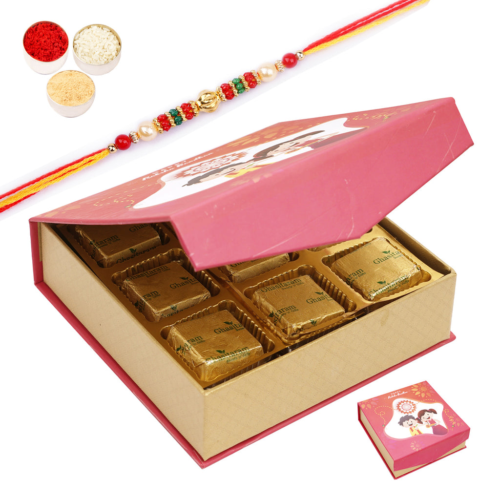 Rakhi Gifts-Raksha Bandhan Bites Box with mewa bites with Pearl Beads Rakhi