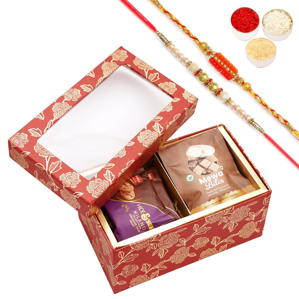 Rakhi Gifts-Red printed 2 Part Fancy Box with bites and cookies with 2 Rakhis