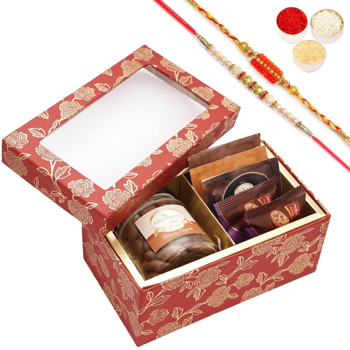 Rakhi Gifts-Red printed 2 Part Fancy Box with Chocolate almonds with 2 Rakhis
