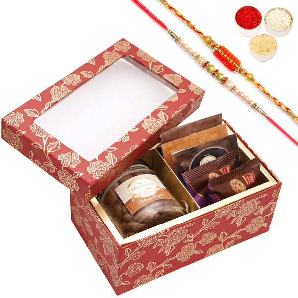 Rakhi Gifts-Red printed 2 Part Fancy Box with Chocolate almonds with 2 Rakhis