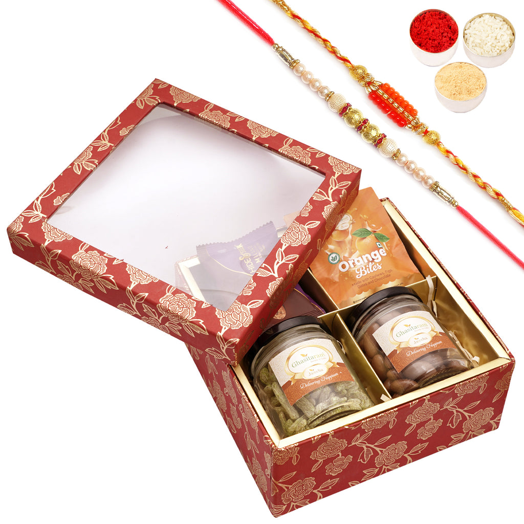 Rakhi Gifts-Red Printed 4 Part Fancy Box with 2 Rakhis