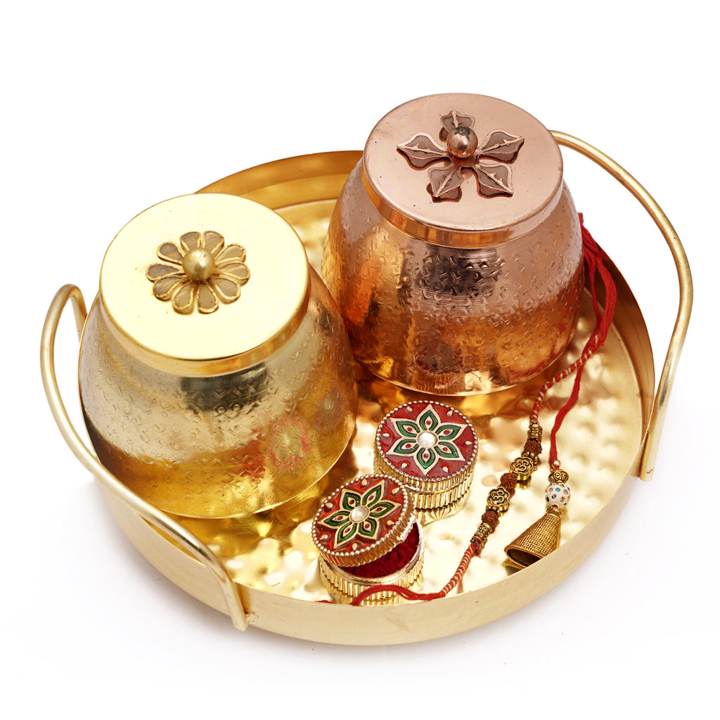 Rakhi Gifts-Round Metal Handle Tray with bites and almonds with bhaiya bhabhi rakhi set additional image