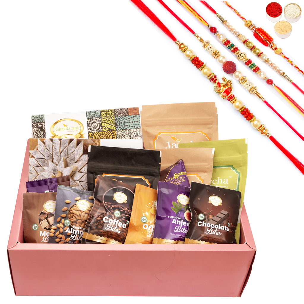 Rakhi Gifts-Rust Hamper Box with bites with 5 Rakhis